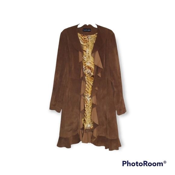 Saguaro Tobacco Suede Leather Ruffle Trim Coat - Picture 1 of 7